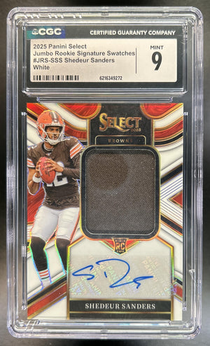 Shedeur Sanders 2025 Panini Select #JRS-SSS Jumbo Rookie Signature Swatch White Prizm 26/75 MEM RC Auto Browns CGC 9