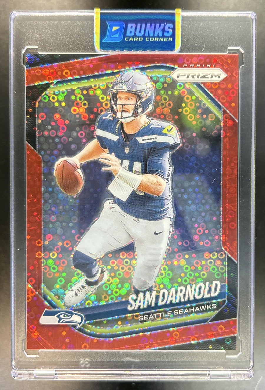 Sam Darnold 2025 Panini Prizm #269 No Huddle Red 96/99 Seahawks