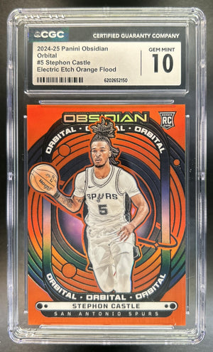 Stephon Castle 2024-25 Panini Obsidian #5 Orbital Electric Etch Orange Flood 42 RC Spurs CGC 10