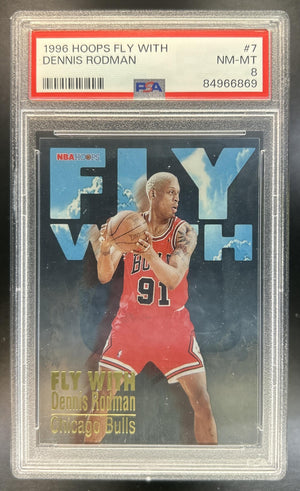 Dennis Rodman 1996-97 Hoops #7 Fly With Bulls PSA 8