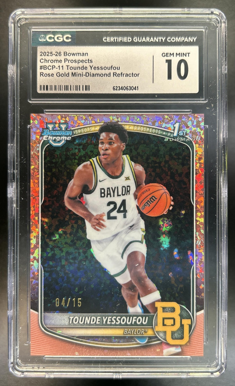 Tounde Yessoufou 2025-26 Bowman #BCP-11 Chrome Rose Gold Mini Diamond Refractor 4/15 1st Prospect Bears CGC 10