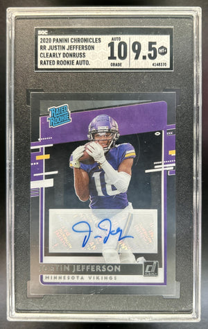 Justin Jefferson 2020 Panini Chronicles #RR-JUJ Clearly Donruss Rated Rookie Auto RC Vikings SGC 9.5