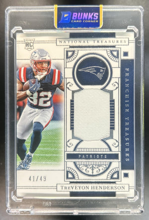 TreVeyon Henderson 2025 Panini National Treasures #FTR-TVH Rookie Dual Materials 41/49 MEM RC Patriots